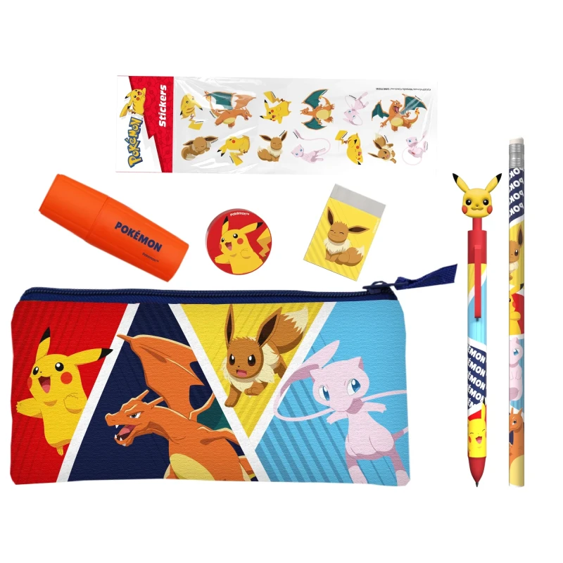 POKEMON - Set de Papeterie avec une Trousse Triple & Stickers - 7pc