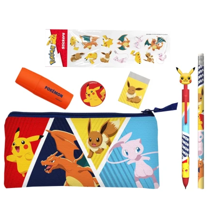 POKEMON - Set de Papeterie avec une Trousse Triple & Stickers - 7pc