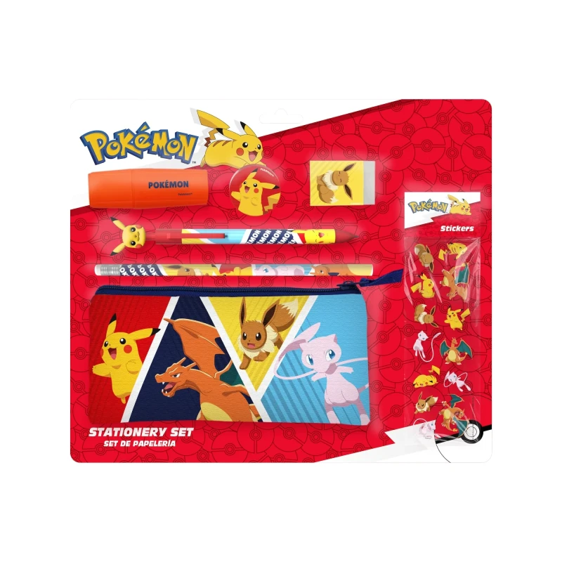 POKEMON - Set de Papeterie avec une Trousse Triple & Stickers - 7pc